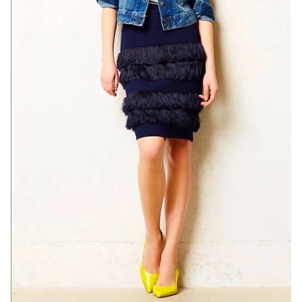 Eva Franco Navy Blue Fringe Pencil Skirt Size 6 Stretch Party‎ Office Career